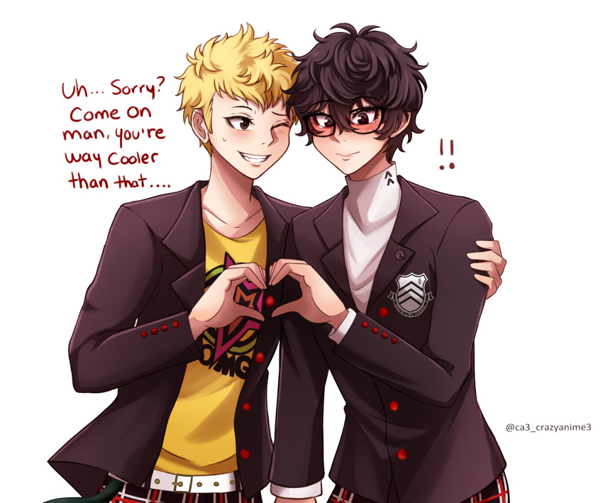 ! !! 2boys amamiya_ren artist_name belt belt_buckle black_hair blonde_hair blush brown_eyes buckle crazyanime3 english_text facing_viewer glasses grin heart heart_hands highres hug jacket long_sleeves male_focus multiple_boys one_eye_closed open_clothes open_jacket persona persona_5 sakamoto_ryuuji short_hair shuujin_academy_uniform smile sweatdrop tearing_up teeth upper_body white_background white_belt