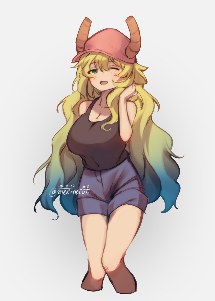 1girl absurdres artist_name bare_arms bare_shoulders baseball_cap black_tank_top blonde_hair blue_hair blue_shorts blush breasts cleavage cropped_legs dated dragon_girl dragon_horns eyebrows eyelashes female gradient_hair green_eyes green_hair hair_between_eyes hair_over_shoulder hair_tucking half-closed_eye hand_up hat highres hips horns huge_breasts kobayashi-san_chi_no_maidragon large_breasts legs_together looking_at_viewer lucoa_(maidragon) mel_mei multicolored_hair numbered one_eye_closed shorts simple_background solo standing tank_top thick_thighs thighs twitter_username white_background wide_hips