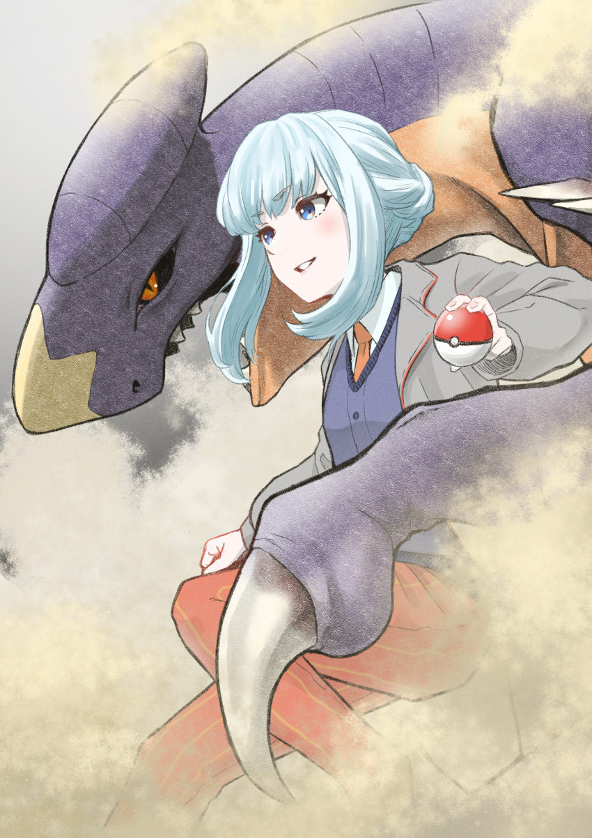 1girl absurdres blue_eyes blue_hair blue_sweater_vest character_request claws commentary_request copyright_request fangs garchomp grey_jacket highres holding holding_poke_ball jacket long_sleeves looking_away medium_hair necktie nemaki_(nemaki87456) open_clothes open_jacket open_mouth pants poke_ball pokemon_(creature) red_eyes red_necktie red_pants shirt sidelocks smile solo striped striped_pants sweater_vest teeth vertical-striped_pants vertical_stripes