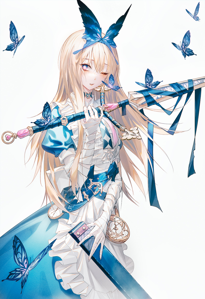 1girl alice_(grimlight) apron bangs belt blonde_hair blue_belt blue_bow blue_bowtie blue_choker blue_dress blue_eyes blush bow bowtie breasts bug butterfly butterfly_hair_ornament butterfly_wings buttons choker clock closed_mouth collared_dress dress dress_bow flying frills grey_apron grey_bow grey_bowtie grimlight hair_between_eyes hair_ornament heart heart-shaped_pupils highres holding holding_weapon lengy_(user_haec8585) long_hair looking_to_the_side medium_breasts multicolored_bow multicolored_bowtie multicolored_eyes one_eye_closed pinafore_dress pink_bow pink_bowtie pink_eyes puffy_short_sleeves puffy_sleeves short_sleeves simple_background solo standing star_(symbol) star_print striped striped_bow striped_bowtie sword symbol-shaped_pupils tape teeth weapon white_background wings