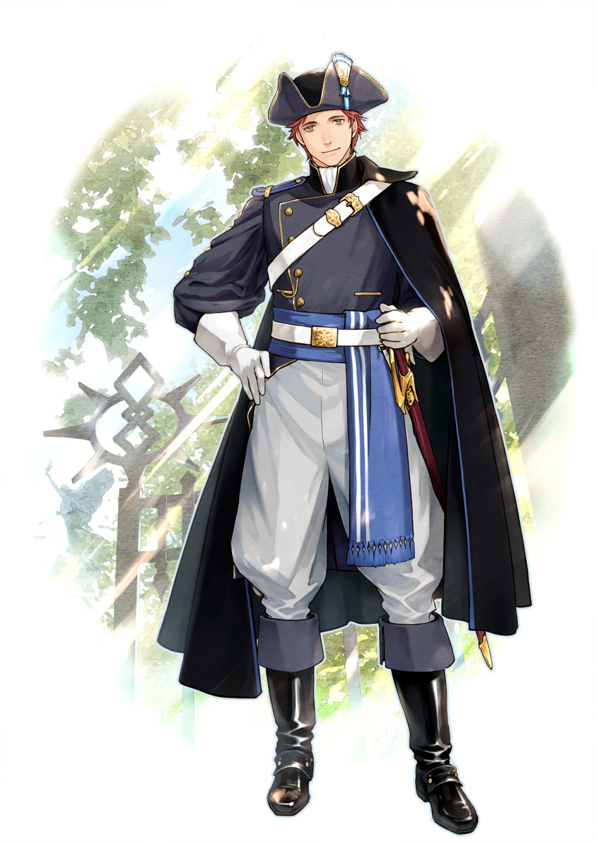 1boy belt black_cape black_footwear black_headwear boots brown_eyes cape gloves gold_trim hat highres looking_at_viewer male_focus outdoors pixiv_fantasia pixiv_fantasia_scepter_of_zeraldia redhead sankyou sheath sheathed solo standing tricorne uniform white_gloves