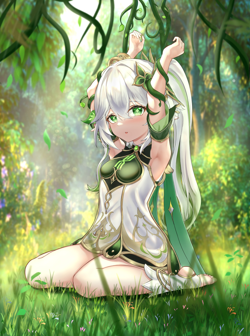 1girl 3d_background absurdres armpits bangs blurry bound bracelet commentary_request depth_of_field detached_sleeves dress forest genshin_impact gradient_hair green_eyes hair_between_eyes hair_ornament highres jewelry long_hair looking_at_viewer multicolored_hair nahida_(genshin_impact) nature parted_lips plant pointy_ears short_sleeves sidelocks sitting solo stirrup_legwear symbol-shaped_pupils tied_up_(nonsexual) toeless_legwear tree vines wariza white_dress white_hair ying_ling