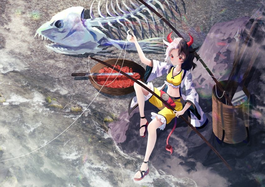 1girl absurdres animal_ears animal_print basket black_hair closed_mouth cow_ears cow_girl cow_horns cow_print cow_tail crop_top fish_skeleton fishing fishing_rod frilled_shorts frills full_body haori highres horns japanese_clothes multicolored_hair nettian51 outdoors red_eyes red_horns red_tail rock short_hair shorts skeleton solo split-color_hair tail touhou two-tone_hair ushizaki_urumi water white_hair yellow_shorts