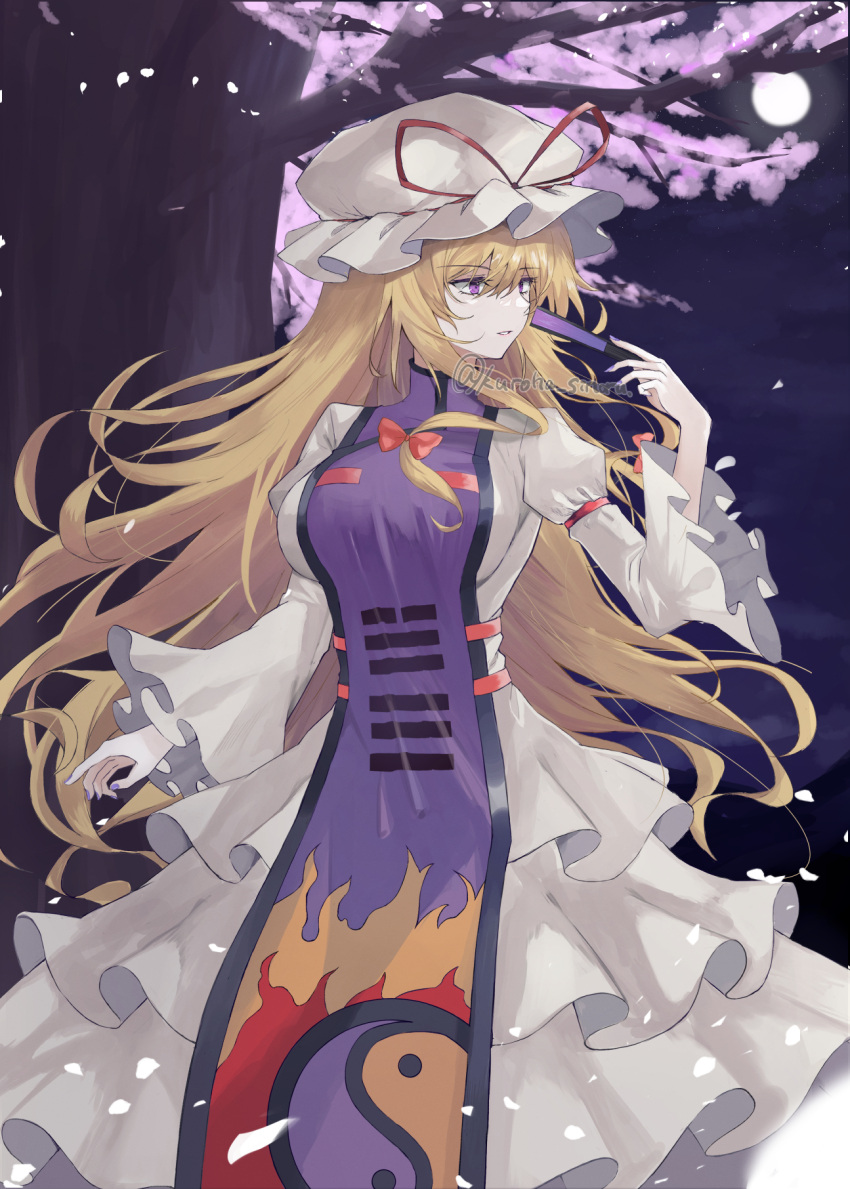 1girl black_background blonde_hair breasts cherry_blossoms closed_mouth dress frilled_dress frills full_moon hat highres kuro_wa_shinoru large_breasts long_hair long_sleeves looking_to_the_side mob_cap moon outdoors parted_lips solo tabard touhou violet_eyes white_dress white_headwear yakumo_yukari