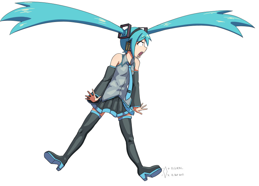 1girl absurdres arms_at_sides bangs blue_hair boots collared_shirt constricted_pupils dated detached_sleeves digiral expressive_hair floating_hair hatsune_miku headphones highres jumping long_hair long_sleeves looking_to_the_side necktie open_mouth pleated_skirt shirt shouting skirt sleeveless sleeveless_shirt solo surprised thigh_boots twintails very_long_hair vocaloid white_background