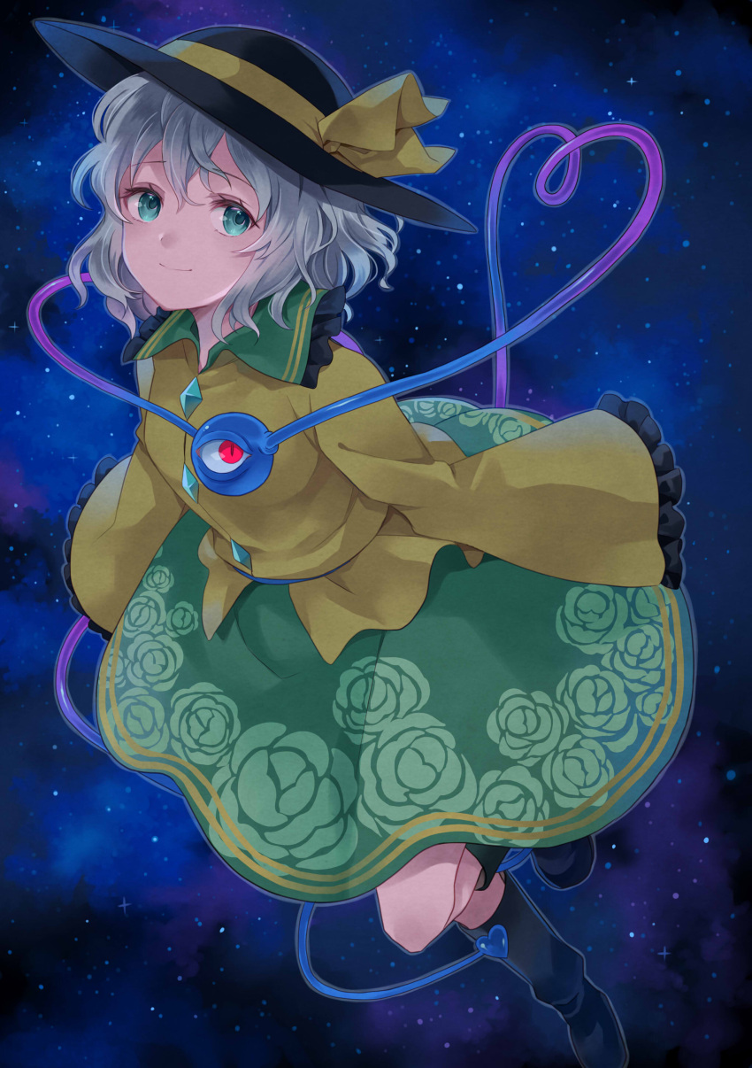 1girl 631 absurdres bangs boots buttons diamond_button floral_print frilled_shirt_collar frilled_sleeves frills green_eyes grey_hair hat hat_ribbon heart heart_of_string highres komeiji_koishi ribbon short_hair skirt sky sleeves_past_fingers sleeves_past_wrists smile solo standing standing_on_one_leg star_(sky) starry_sky third_eye touhou
