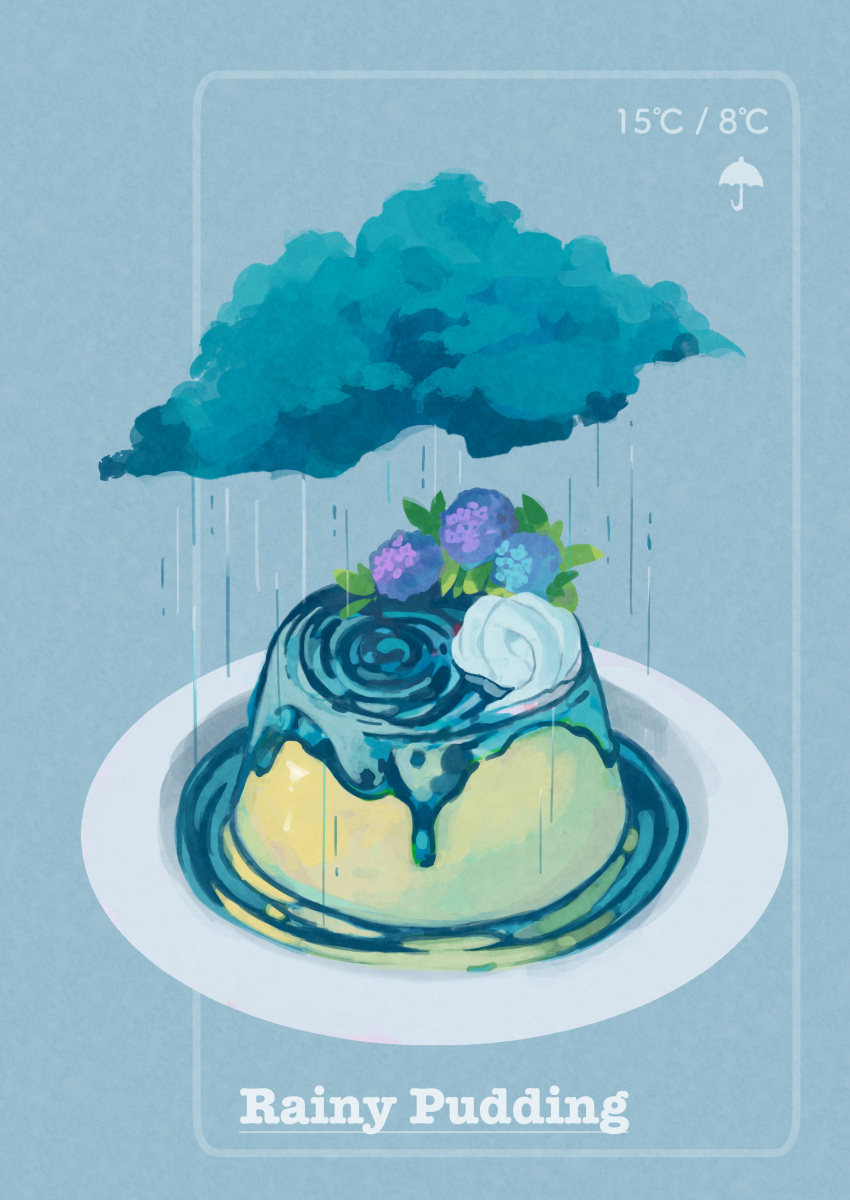 absurdres blue_background blue_flower clouds commentary_request cream english_commentary english_text flower food food_focus highres hydrangea mixed-language_commentary no_humans original plate pudding purple_flower rain simple_background still_life temperature uroko_(rwde4544) water