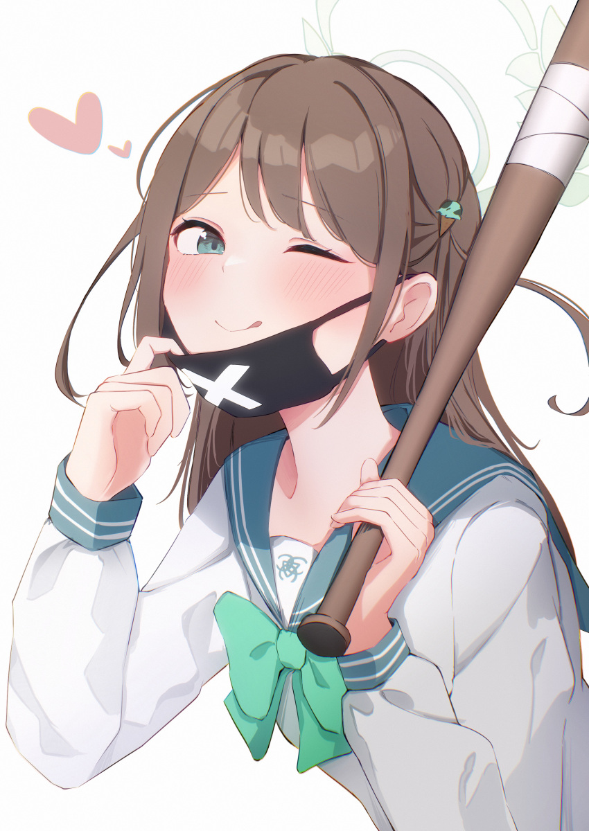 1girl :p absurdres airi_(blue_archive) aqua_sailor_collar baseball_bat black_mask blue_archive blush bow bowtie brown_hair chromatic_aberration food-themed_hair_ornament green_bow green_bowtie green_eyes hair_ornament halo heart highres holding holding_baseball_bat ice_cream_hair_ornament long_hair long_sleeves looking_at_viewer mask mask_pull mouth_mask msrn39 one_eye_closed over_shoulder school_uniform serafuku simple_background solo tongue tongue_out upper_body weapon weapon_over_shoulder white_background white_serafuku
