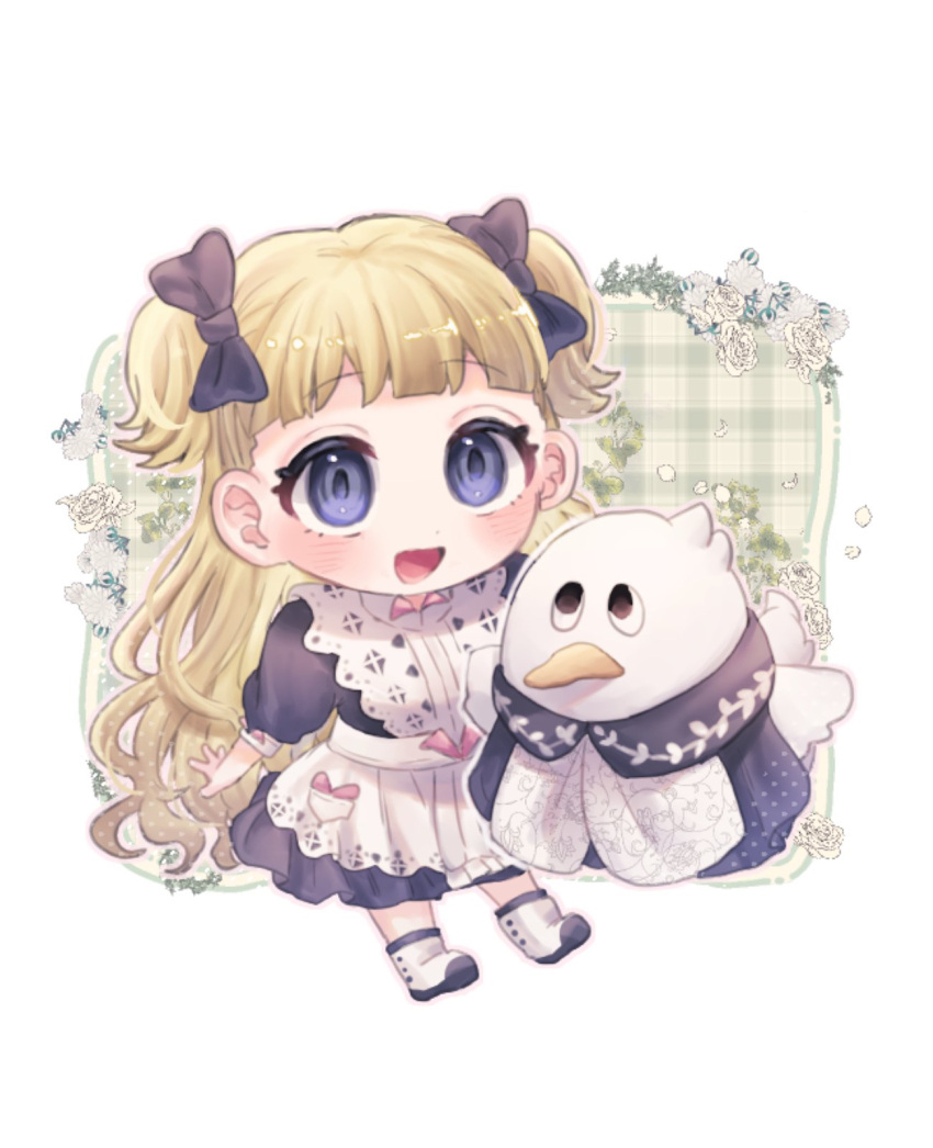 1girl apron bangs blonde_hair blue_bow blue_dress blue_eyes blunt_bangs blush bow chibi dress emilico_(shadows_house) full_body hair_bow highres long_hair looking_at_viewer open_mouth oshiricute pan-chan_(shadows_house) shadows_house smile stuffed_animal stuffed_bird stuffed_toy two_side_up white_apron