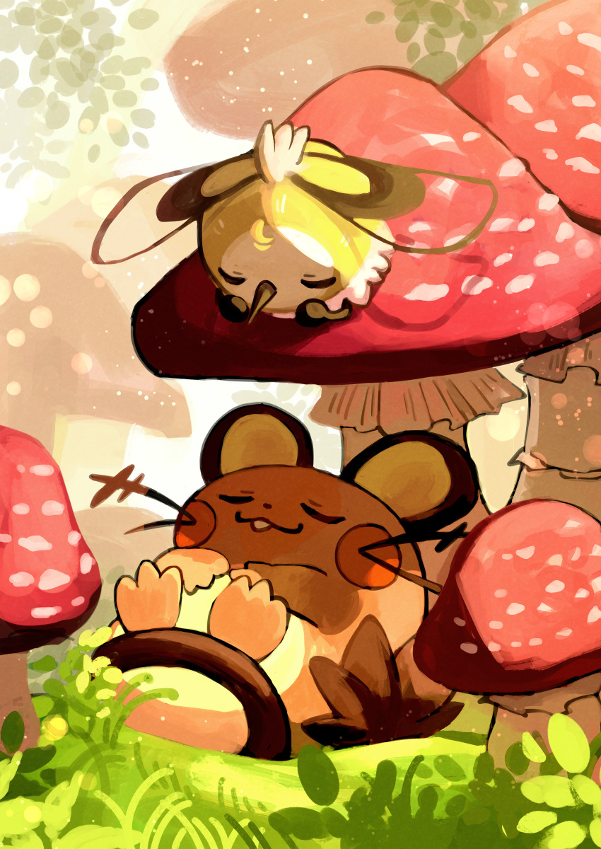 :3 absurdres animal_focus blush_stickers buck_teeth closed_eyes closed_mouth commentary cutiefly day dedenne full_body grass happy highres lying mushroom no_humans on_back on_ground outdoors pokemon pokemon_(creature) sitting smile teeth u_u uroko_(rwde4544)