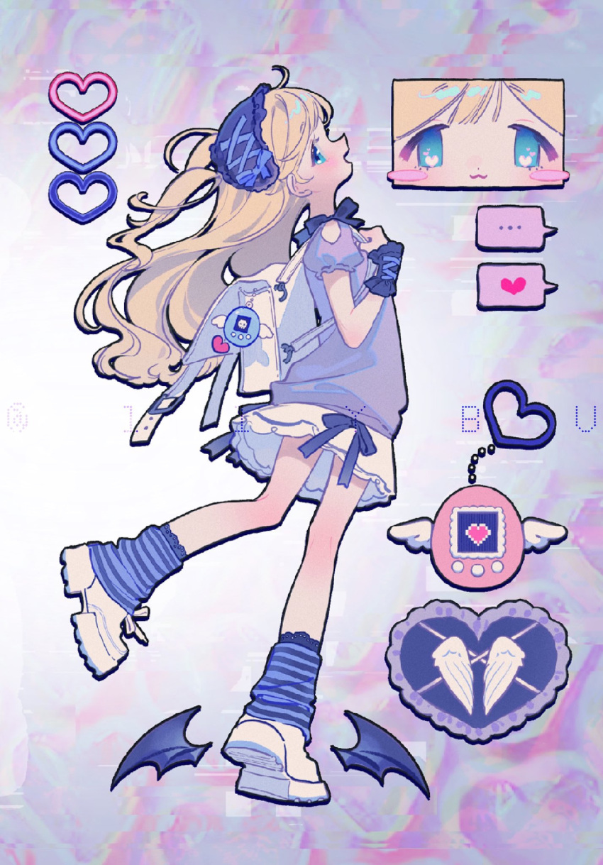 ... 1girl :3 bag bangs blonde_hair blue_eyes blue_headwear blue_ribbon blue_shirt blue_socks blush_stickers bracelet close-up closed_mouth clothing_cutout detached_wings female_child floating_hair frilled_bracelet from_side full_body glitch hand_up headwear_request heart heart-shaped_eyes heart_background hidari_(nanmu-left) highres holding holding_bag jewelry light_blue_background long_hair looking_at_viewer looking_to_the_side loose_socks miniskirt neck_ribbon open_mouth original puffy_short_sleeves puffy_sleeves reference_sheet ribbon school_bag shirt shoes short_sleeves skirt smile socks solo speech_bubble standing standing_on_one_leg striped striped_socks tamagotchi tareme white_bag white_footwear white_skirt wings