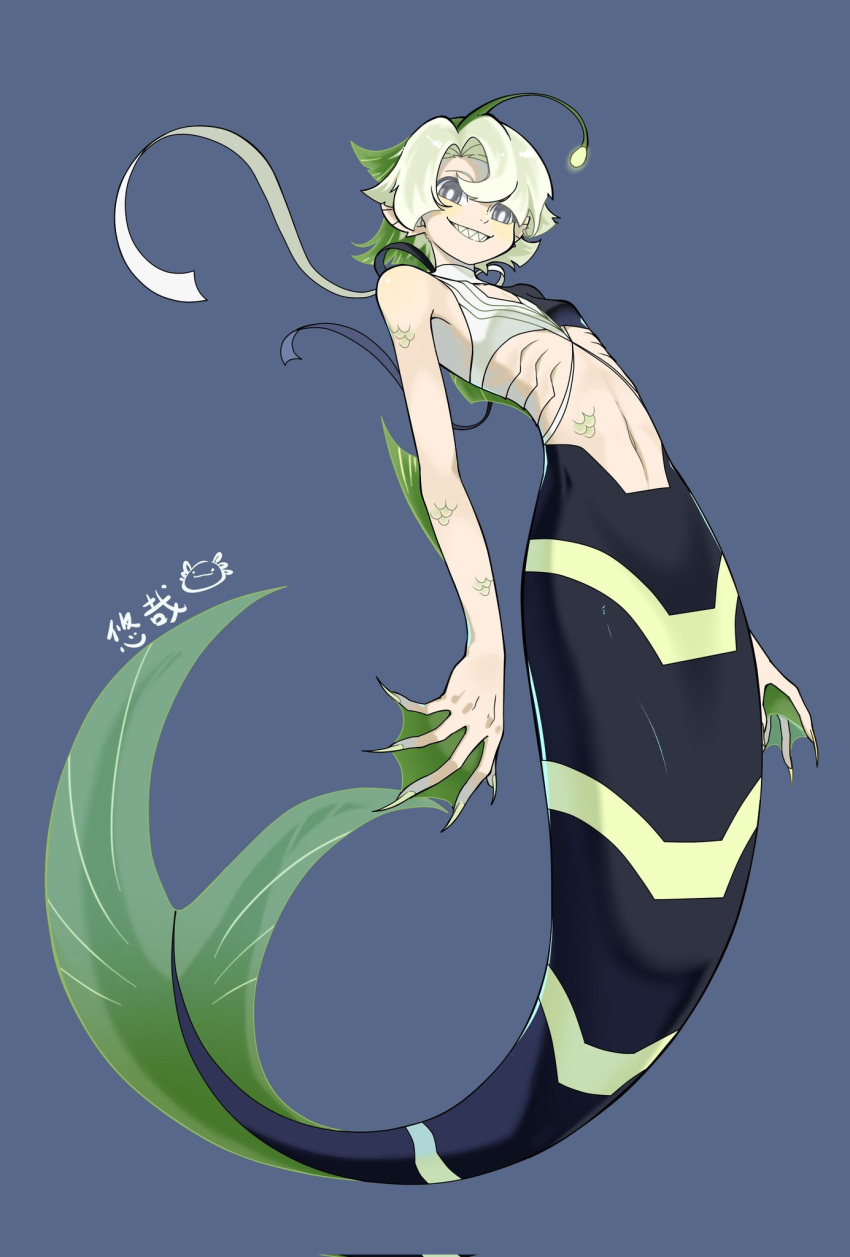 1girl alien ben_10 claws fins fish fish_girl fish_tail gills head_fins highres mermaid monster monster_girl ripjaw sharp_teeth short_hair smile tail teeth white_hair youzaiyouzai112