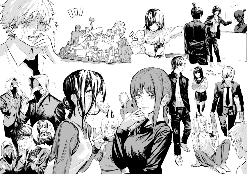 apron bangs black_dress black_hair black_jacket black_necktie black_pants bowl breasts bust_(sculpture) carrying carrying_under_arm chainsaw chainsaw_man chewing chocolate closed_eyes collared_shirt cross-shaped_pupils crying crying_with_eyes_open denji_(chainsaw_man) dress eating extra eyepatch food formal gakuran grey_hair greyscale hair_between_eyes hair_ornament hair_over_one_eye hairclip hayakawa_aki higashiyama_kobeni highres himeno_(chainsaw_man) holding holding_bowl holding_chocolate holding_food hood horns jacket long_hair looking_at_viewer looking_back looking_to_the_side makima_(chainsaw_man) medium_breasts medium_hair mixing_bowl monochrome multiple_boys multiple_girls necktie pants plague_doctor_mask power_(chainsaw_man) quanxi_(chainsaw_man) reze_(chainsaw_man) riki_(riki_unc) ringed_eyes school_uniform shirt short_hair sidelocks simple_background single_sidelock smile snot spiky_hair suit symbol-shaped_pupils tears topknot violence_devil_(chainsaw_man) white_background white_hair white_shirt yoshida_hirofumi