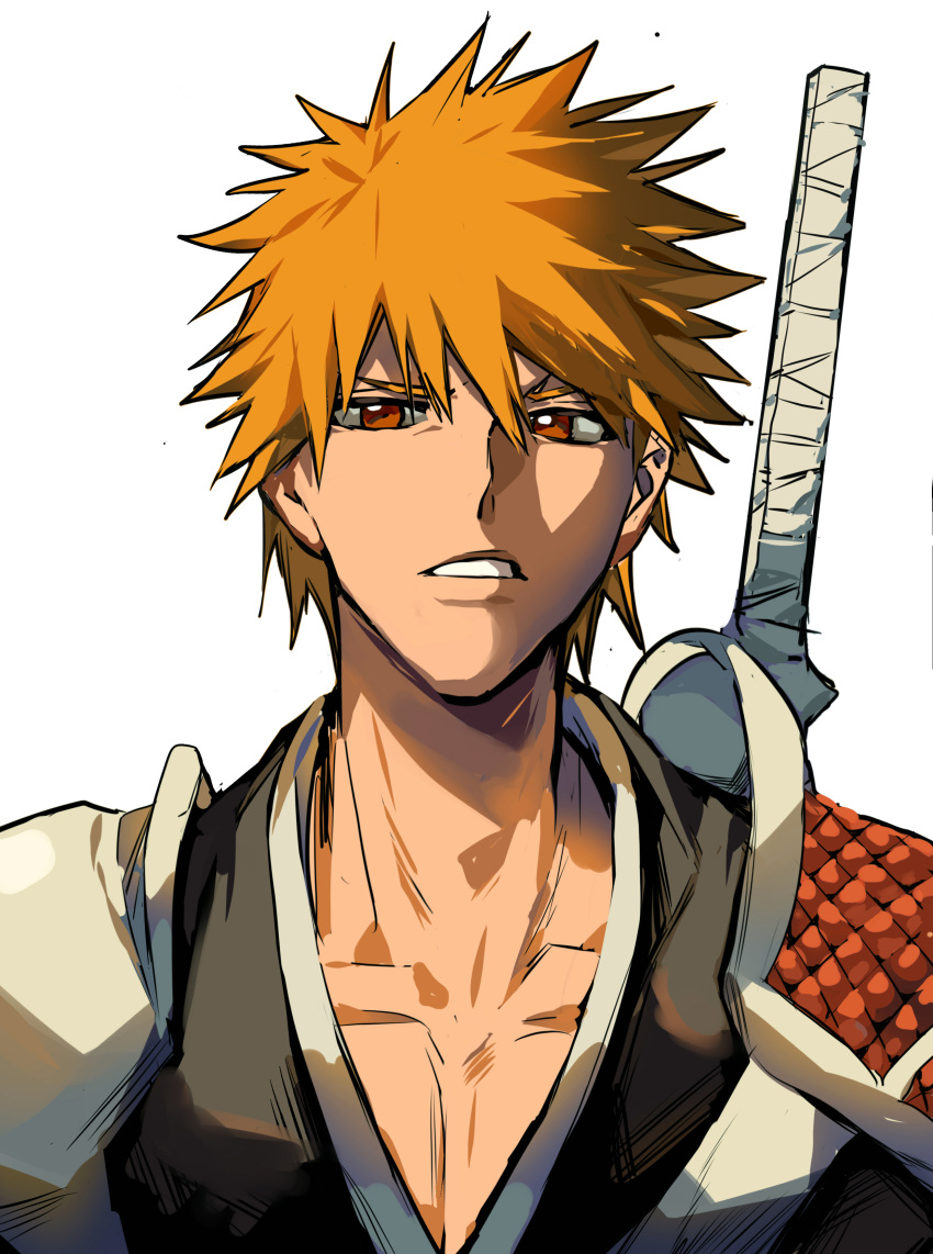 1boy absurdres armor black_kimono bleach brown_eyes collarbone hair_between_eyes highres japanese_clothes kimono kurosaki_ichigo looking_at_viewer male_focus orange_hair parted_lips short_hair shoulder_armor solo spiky_hair teeth upper_body weapon weapon_on_back white_background xi_luo_an_ya