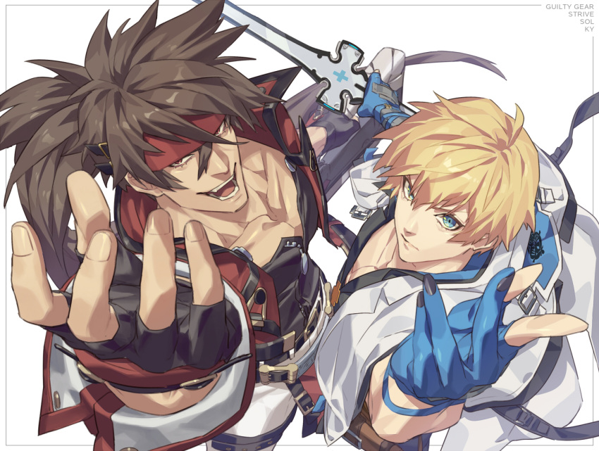 2boys bangs black_gloves blonde_hair blue_eyes blue_gloves brown_hair character_name copyright_name fingerless_gloves gloves guilty_gear guilty_gear_strive headband ky_kiske large_pectorals long_hair male_focus multiple_boys muscular muscular_male open_mouth pectorals red_eyes red_headband short_hair simple_background smile sol_badguy talgi white_background