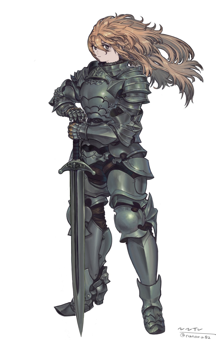 1girl armor armored_boots boots breastplate brown_eyes brown_hair faulds full_body gauntlets hair_between_eyes hand_on_hilt highres holding holding_sword holding_weapon knight long_hair nanora original planted planted_sword plate_armor sabaton shoulder_armor signature solo sword twitter_username weapon white_background wind wind_lift
