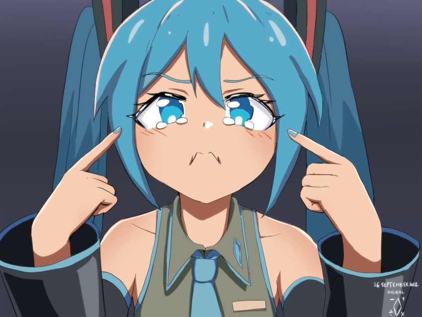 1girl among_us among_us_eyes_(meme) bangs blue_eyes blue_hair blush collared_shirt crewmate_(among_us) crying dated detached_sleeves digiral frown hair_ornament hatsune_miku highres long_hair long_sleeves meme nail_polish necktie pointing pointing_at_self shirt sleeveless sleeveless_shirt solo tears twintails vocaloid