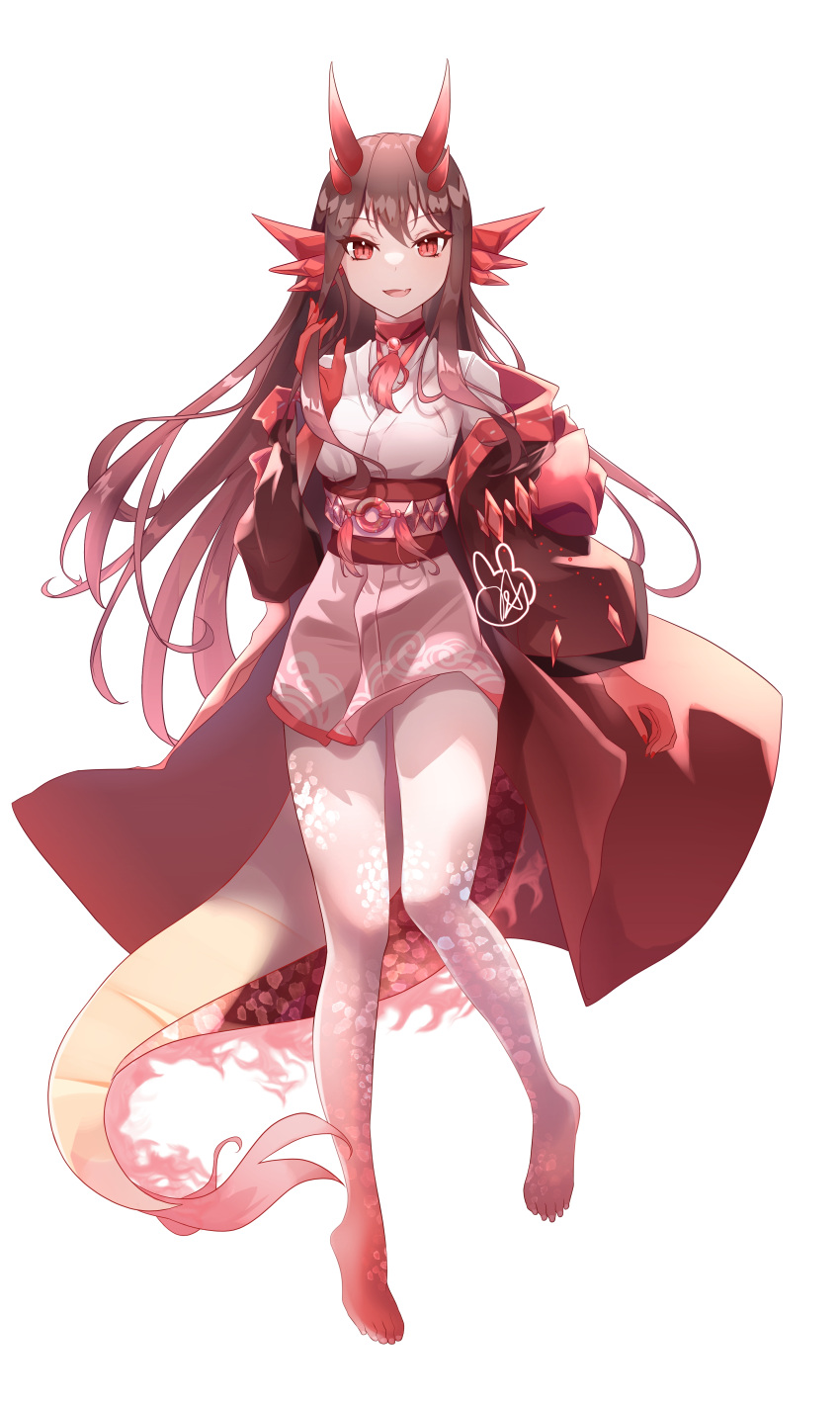 1girl absurdres barefoot breasts brown_hair colored_skin dragon_girl dragon_horns fang hand_in_own_hair hand_up highres horns japanese_clothes kimono kurousagi_neko long_hair looking_at_viewer open_mouth original pink_kimono red_eyes red_nails red_skin scales simple_background skin_fang small_breasts solo very_long_hair white_background