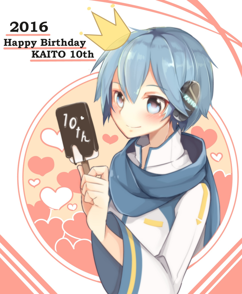 1boy 2016 bangs blue_eyes blue_hair blush character_name chuuko_anpu coat crown food happy_birthday headphones heart high_collar highres holding_ice_cream kaito_(vocaloid) long_sleeves male_focus mini_crown popsicle scarf short_hair smile solo vocaloid wide_sleeves
