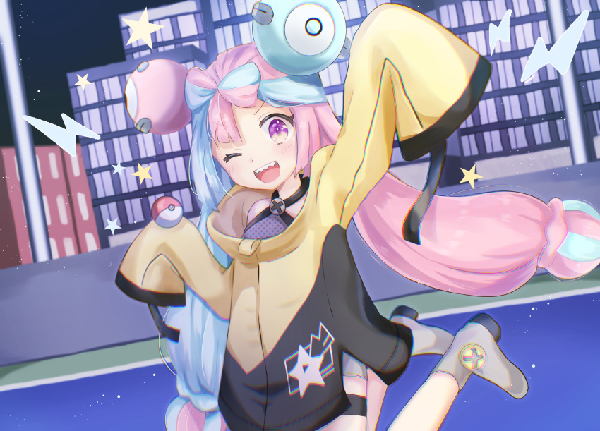 1girl absurdres bow-shaped_hair character_hair_ornament grey_pantyhose hair_ornament hexagon_print highres iono_(pokemon) jacket long_hair low-tied_long_hair multicolored_hair oversized_clothes pantyhose pokemon pokemon_(game) pokemon_sv sharp_teeth single_leg_pantyhose sleeves_past_fingers sleeves_past_wrists solo split-color_hair teeth twintails very_long_sleeves x yamabuki_humi yellow_jacket