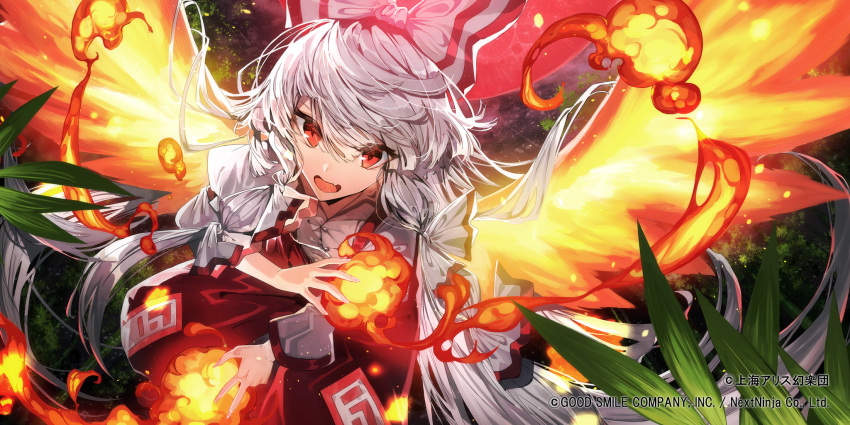 1girl bamboo bamboo_forest bow commentary_request fiery_wings fire forest fujiwara_no_mokou hair_bow highres long_hair looking_at_viewer mura_karuki nature night official_art ofuda ofuda_on_clothes open_mouth outdoors pants red_bow red_eyes red_pants shirt solo touhou touhou_lost_word white_bow white_hair white_shirt wings