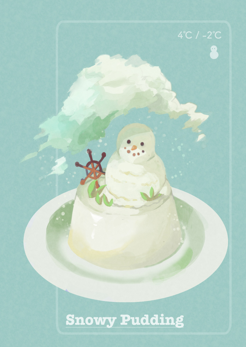 ._. absurdres black_eyes blue_background clouds commentary_request english_commentary english_text food food_focus highres mixed-language_commentary no_humans original plate pudding ship's_wheel simple_background snow snowing snowman still_life temperature uroko_(rwde4544)