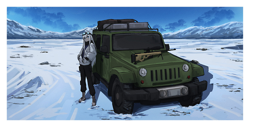 1girl black_pants blue_eyes blue_sky boots car clouds commentary commission day english_commentary eyewear_on_head ground_vehicle gun hands_in_pockets highres jacket jeep_(company) jeep_wrangler long_hair lumirumi motor_vehicle mountainous_horizon original outdoors pants rifle scenery shadow sky sniper_rifle snow solo sports_utility_vehicle standing vehicle_focus weapon white_hair white_jacket wide_shot