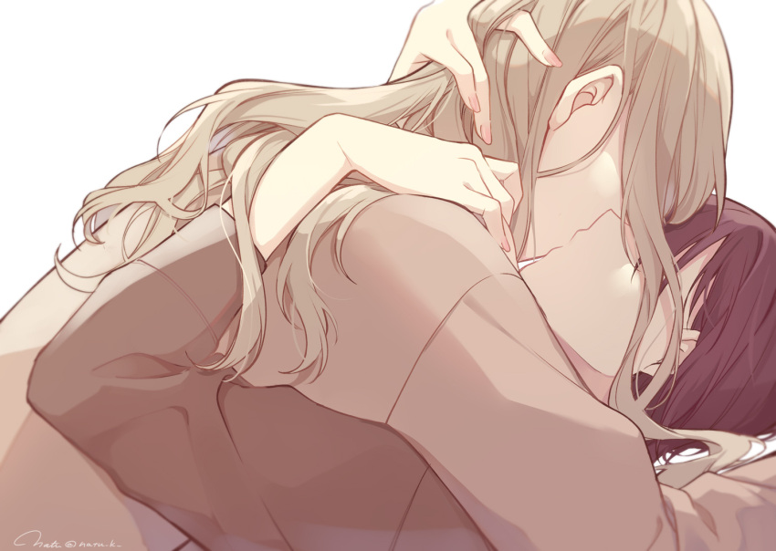 2girls blonde_hair brown_hair from_side hair_over_eyes hand_in_another's_hair hand_on_another's_shoulder hazuki_natsu kiss long_hair lying lying_on_person multiple_girls nail_polish on_back original short_hair upper_body white_background yuri