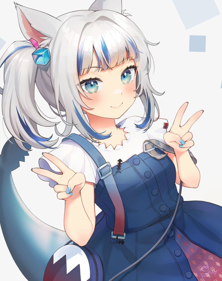 1girl absurdres animal_ears bangs blue_dress blue_eyes blue_hair blue_nails blunt_bangs blush cat_ears double_v dress fingernails fish_tail gawr_gura grey_background highres hololive hololive_english looking_at_viewer multicolored_hair nail_polish noixen shark_tail short_sleeves side_ponytail simple_background smile solo tail two-tone_hair v virtual_youtuber white_hair