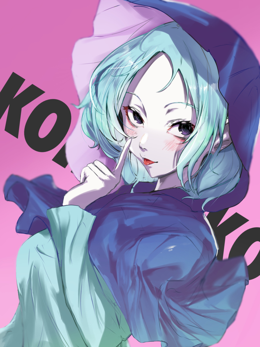 1girl bangs black_eyes blue_dress blue_hair blue_hood blush character_name colored_skin commentary_request cookie_(touhou) dress flour_(cookie) highres hood johnnyyyyy kumoi_ichirin long_sleeves looking_at_viewer medium_hair open_mouth pink_background solo tongue tongue_out touhou upper_body white_skin
