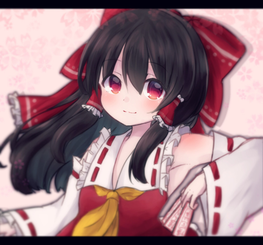 1girl bangs between_fingers black_hair bow collared_shirt commentary_request detached_sleeves floral_background frilled_shirt_collar frills hair_between_eyes hair_bow hair_tubes hakurei_reimu highres holding letterboxed long_hair long_sleeves ofuda pink_background red_bow red_eyes red_shirt rensei ribbon-trimmed_sleeves ribbon_trim shirt sleeveless sleeveless_shirt sleeves_past_wrists solo touhou upper_body white_sleeves wide_sleeves