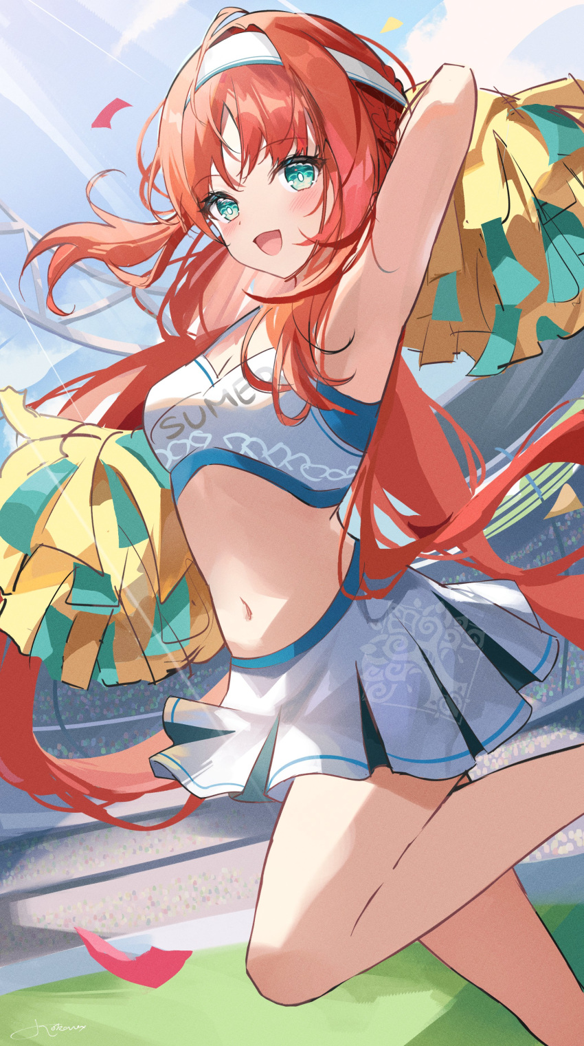 1girl :d absurdres alternate_costume aqua_eyes arm_behind_head arm_up armpits bangs bare_arms blue_sky blush breasts cheerleader confetti crop_top dutch_angle feet_out_of_frame floating_hair genshin_impact hairband highres holding holding_pom_poms kokonex leg_up long_hair looking_at_viewer medium_breasts miniskirt navel nilou_(genshin_impact) no_horns open_mouth outdoors parted_bangs pleated_skirt pom_pom_(cheerleading) redhead sidelocks skirt sky smile solo stadium standing standing_on_one_leg stomach thighs twintails unfinished very_long_hair white_hairband