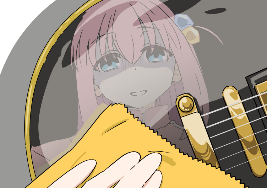1girl blue_eyes bocchi_the_rock! cleaning cube_hair_ornament electric_guitar forced_smile gloom_(expression) gotou_hitori guitar hair_between_eyes hair_ornament highres instrument jacket long_hair one_side_up parted_lips pink_hair pink_jacket popura_bijutu33 reflection solo track_jacket