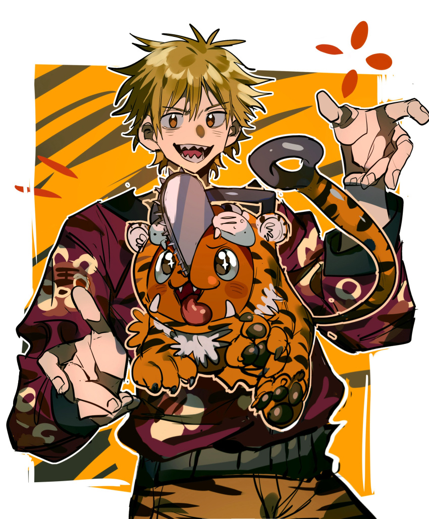 1boy absurdres animal_costume animal_print blonde_hair border brown_eyes brown_pants chainsaw_man claws cowboy_shot creature denji_(chainsaw_man) fangs hair_between_eyes highres long_sleeves looking_at_viewer male_focus pants pochita_(chainsaw_man) red_shirt sharp_teeth shirt short_hair teeth tiger_costume tiger_print tiger_stripes tongue tongue_out xi_luo_an_ya