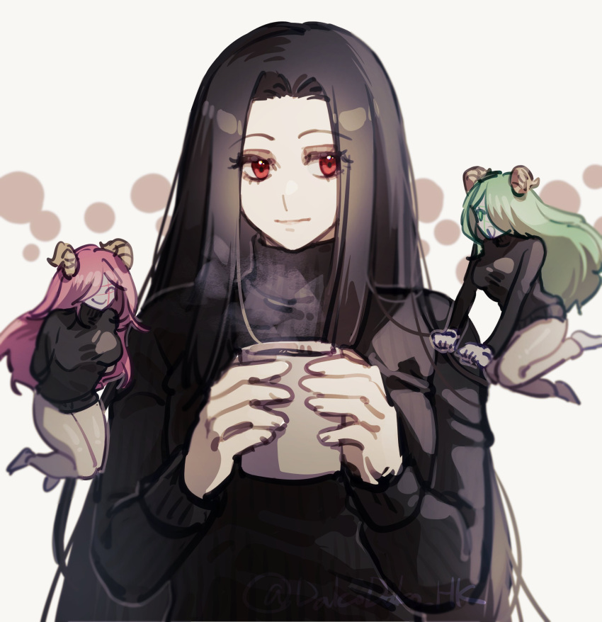 1other 2girls absurdres androgynous black_hair black_sweater blue_hair coffee coffee_mug colored_skin cup demon_girl demon_horns green_hair guilty_gear guilty_gear_strive happy highres horns ko_jira long_hair matching_outfit mug multiple_girls pink_hair red_eyes smile succubus_familiar sweater testament_(guilty_gear) turtleneck turtleneck_sweater twitter_username