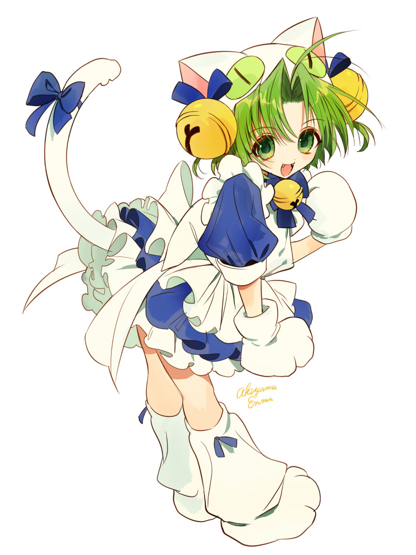 1girl akiyama_enma animal_ears animal_hands animal_hat apron bell bow cat_ears cat_hat cat_tail dejiko di_gi_charat dress gloves green_eyes green_hair hair_bell hair_ornament hat highres jingle_bell looking_at_viewer maid_apron open_mouth paw_gloves paw_shoes short_hair simple_background smile solo tail white_background