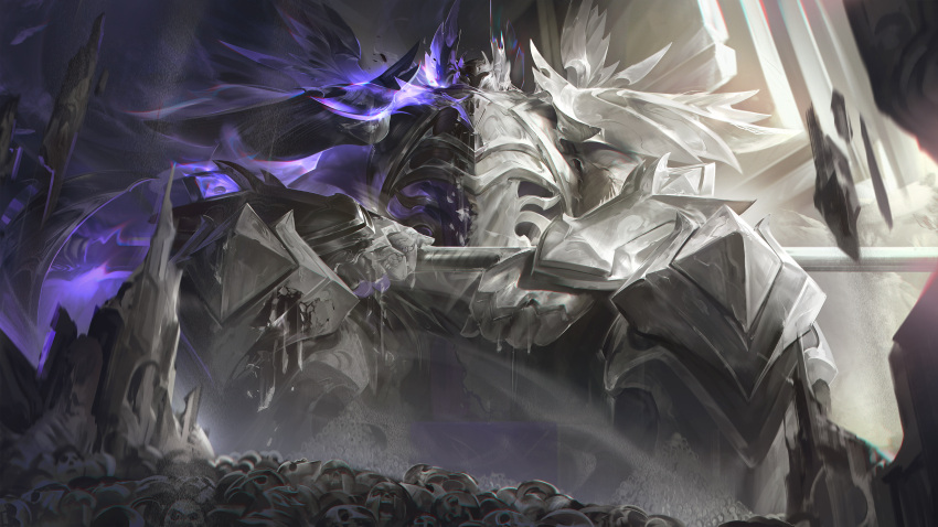 1boy absurdres armor armored_boots boots breastplate corpse facing_viewer from_below full_armor gauntlets giant glowing helm helmet highres holding holding_weapon league_of_legends male_focus mordekaiser shoulder_plates sitting skull solo weapon wutu_(1183238220)