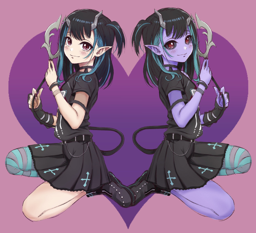 2girls 774_inc. absurdres bangs belt black_belt black_dress black_hair black_sclera blue_hair blue_pantyhose blush clone closed_mouth colored_sclera colored_skin demon_girl demon_horns demon_tail dress flat_chest full_body grey_pantyhose heart highres horns looking_at_viewer medium_hair multicolored_hair multiple_girls official_alternate_costume one_side_up pantyhose pink_background pointy_ears purple_skin red_eyes shishio_chris single_leg_pantyhose smile solo striped striped_pantyhose sugar_lyric tail tengu_nimuru two-tone_hair virtual_youtuber wristband