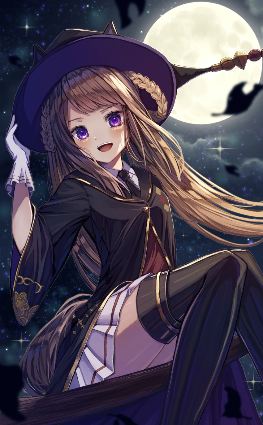 1girl :d absurdres animal_ears black_robe boots brown_hair full_moon hair_rings hat highres horse_ears horse_girl legs long_hair magical_girl moon robe smile solo sweep_tosho_(umamusume) thigh_boots twintails umamusume violet_eyes witch_hat xx_momomo_xx