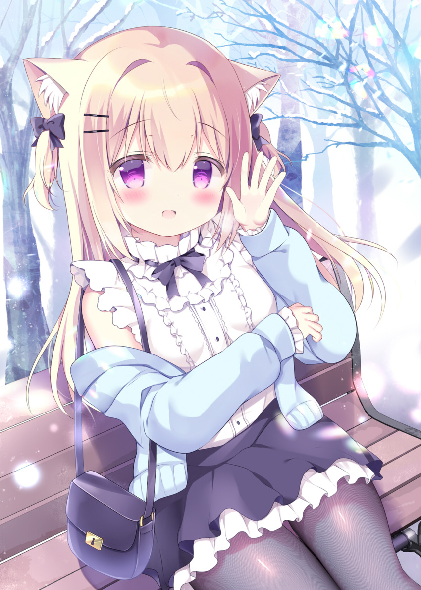 1girl :d animal_ear_fluff animal_ears azumi_kazuki bag bangs bare_tree black_bow black_pantyhose black_skirt blonde_hair blue_jacket blush bow center_frills commentary_request frilled_skirt frills hair_between_eyes hair_bow hair_intakes hair_ornament hairclip hand_up handbag highres jacket long_hair off_shoulder on_bench open_clothes open_jacket original pantyhose shirt shoulder_bag sitting skirt sleeveless sleeveless_shirt smile snow snowing solo tree two_side_up violet_eyes white_shirt