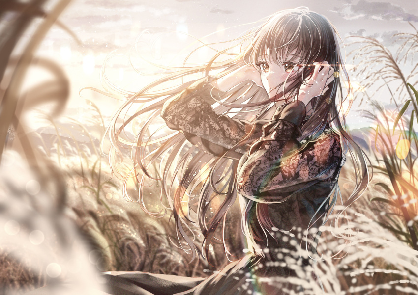 1girl absurdres autumn bangs black_shirt blurry blurry_background blush brown_eyes brown_hair closed_mouth clouds dress field grass hands_in_hair hands_up highres lace long_hair long_sleeves original outdoors sakura_(39ra) shirt sky solo standing sunlight sunset susuki_grass