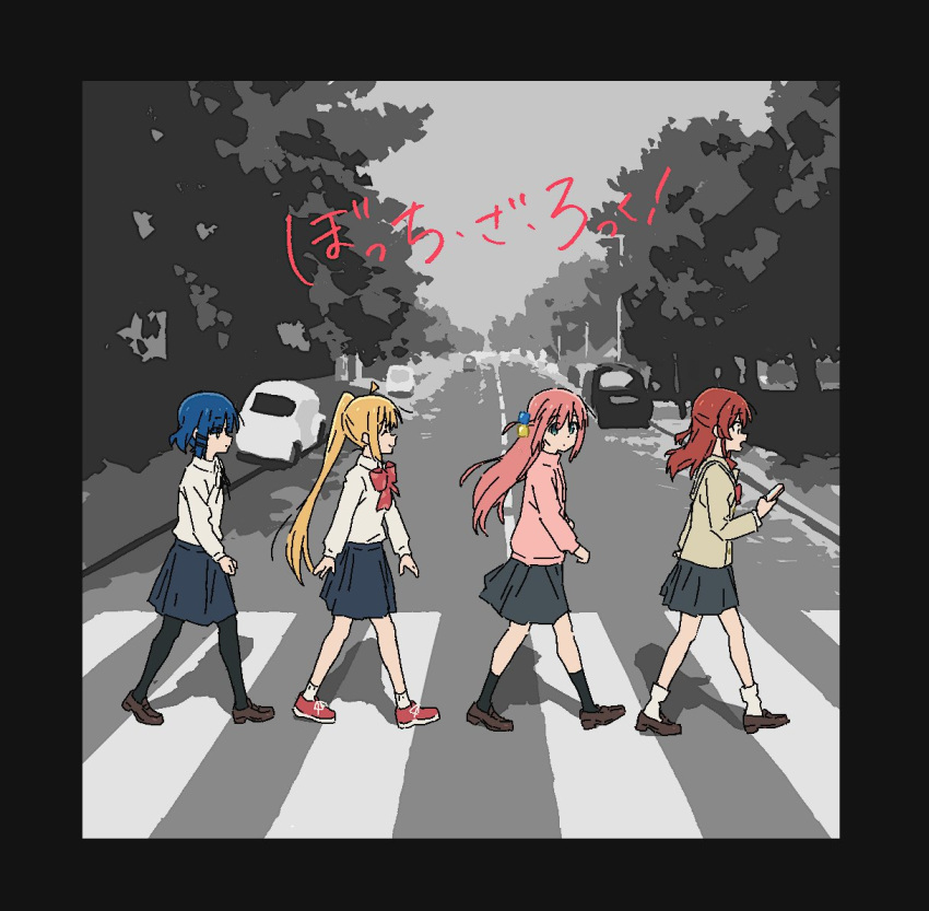 4girls abbey_road album_cover album_cover_redraw bangs black_footwear black_ribbon black_skirt black_socks blonde_hair blue_eyes blue_hair blue_skirt bocchi_the_rock! bow brown_footwear car collared_shirt cover crosswalk cube_hair_ornament derivative_work gotou_hitori green_eyes grey_skirt ground_vehicle hair_between_eyes hair_ornament ijichi_nijika jacket jersey kita_ikuyo loafers long_hair mole mole_under_eye motor_vehicle multiple_girls neck_ribbon one_side_up outdoors pantyhose parody pink_hair pink_jacket pleated_skirt red_bow redhead ribbon road sailor_collar school_uniform shirt shirt_tucked_in shoes short_hair side_ponytail sidelocks skirt socks the_beatles tomato_(lsj44867) track_jacket vanishing_point walking white_sailor_collar white_shirt yamada_ryou yellow_eyes