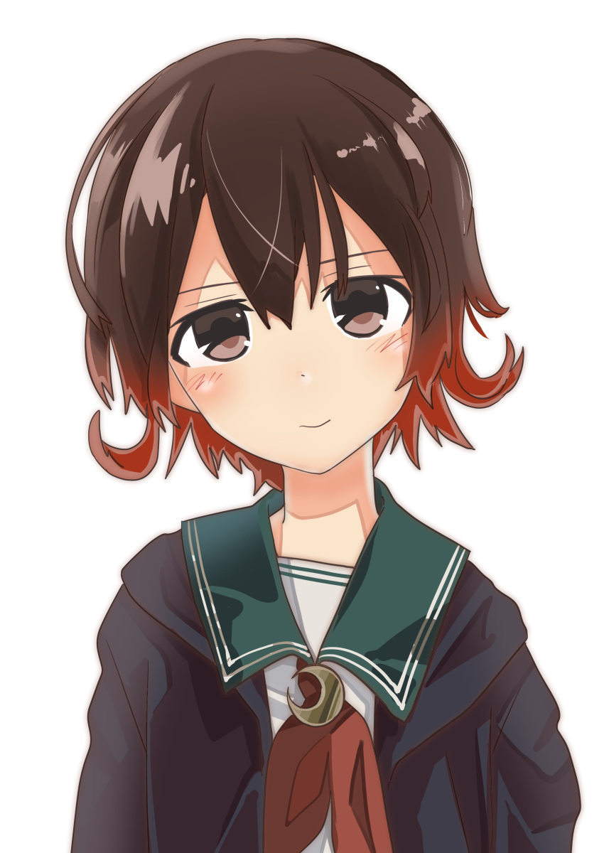 1girl absurdres black_jacket brown_hair crescent crescent_pin gradient_hair green_sailor_collar haida_katsuretsu head_tilt highres jacket kantai_collection multicolored_hair mutsuki_(kancolle) mutsuki_kai_ni_(kancolle) neckerchief red_neckerchief redhead sailor_collar school_uniform serafuku short_hair simple_background solo white_background