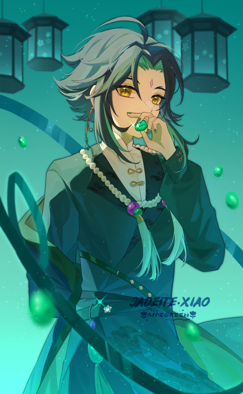 1boy absurdres bead_necklace beads chinese_clothes earrings facial_mark forehead_mark gem genshin_impact green_hair green_nails highres holding jewelry long_sleeves male_focus multicolored_hair necklace single_earring suzushi xiao_(genshin_impact) yellow_eyes