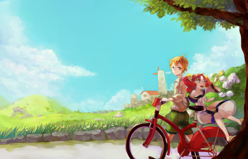 1boy 1girl bicycle blonde_hair blue_sky clain_(fractale) day dress flower fractale grass green_shorts ground_vehicle hair_flower hair_ornament hill moyuvvx nessa_(fractale) outdoors redhead rock sandals scenery short_hair shorts sky tree twintails walking windmill