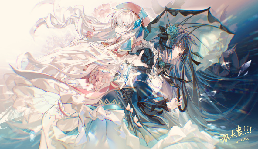 2girls absurdres arcaea black_dress blue_eyes character_request crystal dress eteru floating_hair hat highres holding holding_umbrella long_hair looking_at_viewer multiple_girls outstretched_arm red_headwear umbrella very_long_hair white_dress white_hair