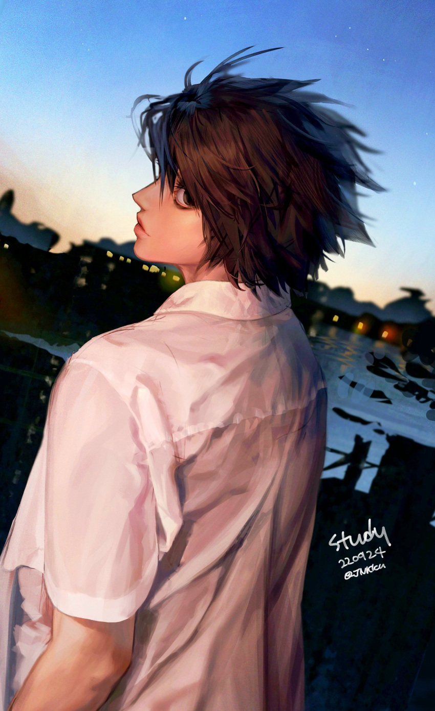 1boy absurdres black_eyes black_hair collared_shirt dated death_note hair_between_eyes highres jnkku l_(death_note) looking_at_viewer looking_back male_focus outdoors shirt short_hair short_sleeves solo spiky_hair sunset twitter_username upper_body white_shirt