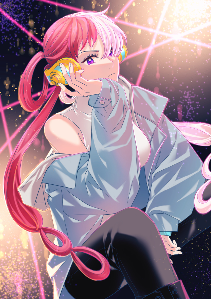 1girl absurdres arm_support bangs bare_shoulders behind-the-head_headphones black_pantyhose breasts frown hair_over_one_eye hair_rings hand_on_hip headphones highres knee_up laser light_particles long_hair long_sleeves looking_at_viewer multicolored_hair off_shoulder ohora one_piece one_piece_film:_red pantyhose redhead solo split-color_hair stage_lights twintails two-tone_hair uta_(one_piece) violet_eyes white_hair