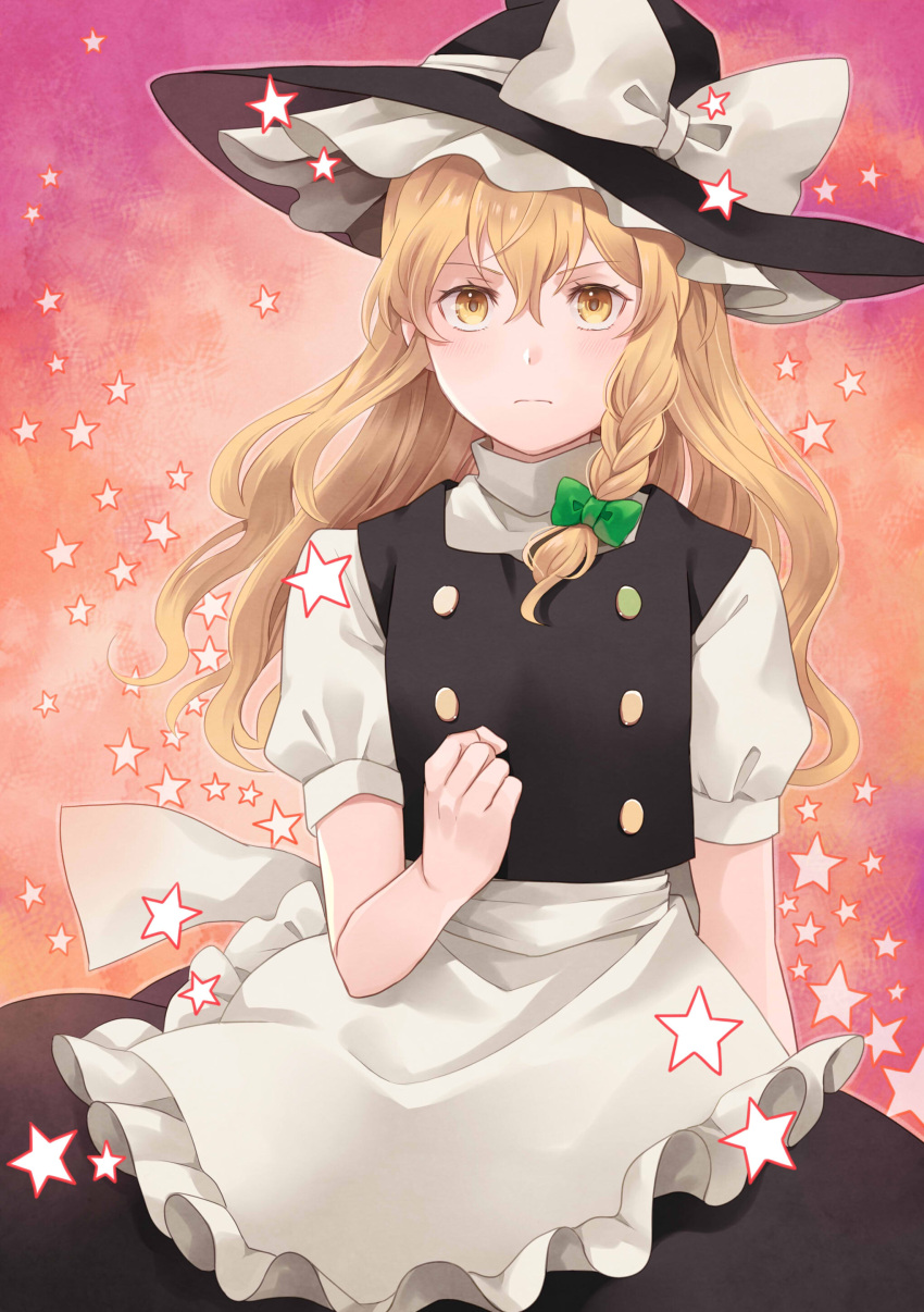 1girl 631 absurdres apron bangs blonde_hair bow braid clenched_hand frilled_apron frilled_hat frills frown hair_bow hat hat_bow highres kirisame_marisa long_hair short_sleeves skirt skirt_set solo star_(symbol) touhou turtleneck waist_apron witch_hat yellow_eyes