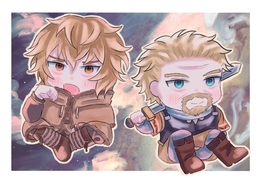 2boys armor askeladd blonde_hair blue_eyes breastplate cape chibi facial_hair fur_trim highres male_focus multiple_boys short_hair sword thorfinn user_acgj7373 vinland_saga weapon yellow_eyes